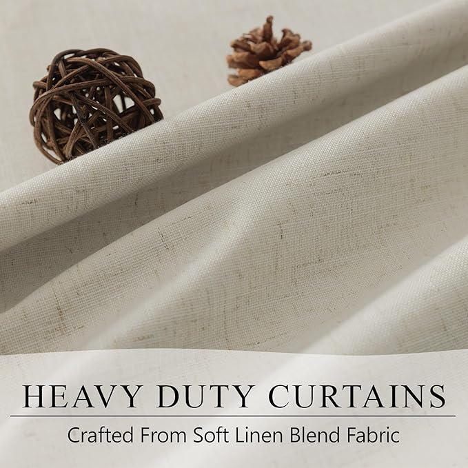 Linen Farmhouse Blackout Curtain for Bedroom Window 90 Inch Long Burlap Colored Cloth Cotton Vintage Decorative Weather Noise Reduction Drape Oatmeal Beige Curtain for Patio Door 7.5 ft Length 2 Panel