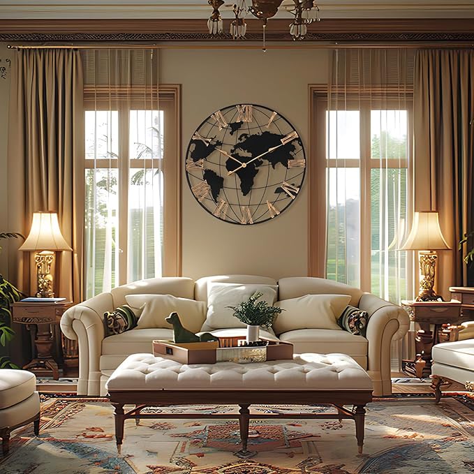 36 Inch Extra Giant Oversized Black Metal Wall Clock,Large Modern Decorative Silent World Map Wall Clock with Vintage Gold Roman Numeral for Living Room,Entrance Fireplace,Dining Room Decor