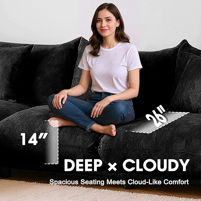 Modern Minimalist Chenille Modular Sectional Sofa, Oversized Deep-Seat U-Shaped Couch with Movable Ottoman, Thick Cushions, Upholstered Sofa for Living Room, Bedroom, Office, Apartment Black 2 Ottoman