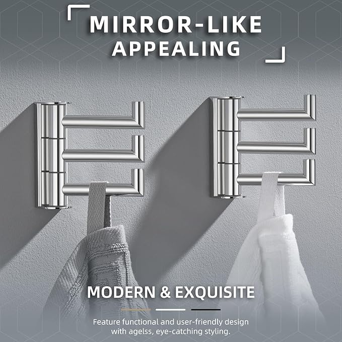 Angle Simple Swivel Towel Hooks for Bathroom, SUS 304 Stainless Steel Foldable 3 Arms Hand Towel Holder, Coat Wall Hooks, Polished Chrome, 2 Pack