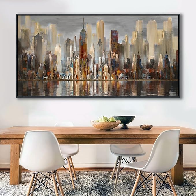 Abstract Brown New York City canvas Wall Art Framed Large Wall Art for Living Room Modern Paintings for Bedroom Cityscape New York Wall Decor Artwork Wall Pictures for Office and Bedroom 24×48in