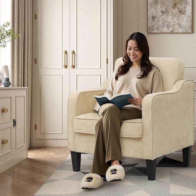 Accent Chairs Set of 2, Upholstered Living Room Chair with Side Pockets, Mid Century Modern Reading Chair for Bedroom, Comfy Armchair Single Sofa Side Chair for Office, Small Room, Light Brown