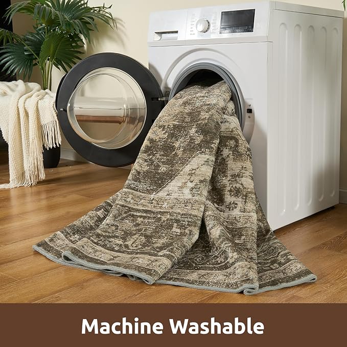 AMOAMI-2X6 Runner Rug-Washable Runners for Hallways-Soft Non Slip Bedside Rugs for Bedroom-Vintage Long Rug for Hallways Entryway Laundry Room Stair Kitchen Bathroom Light Brown/Coffee