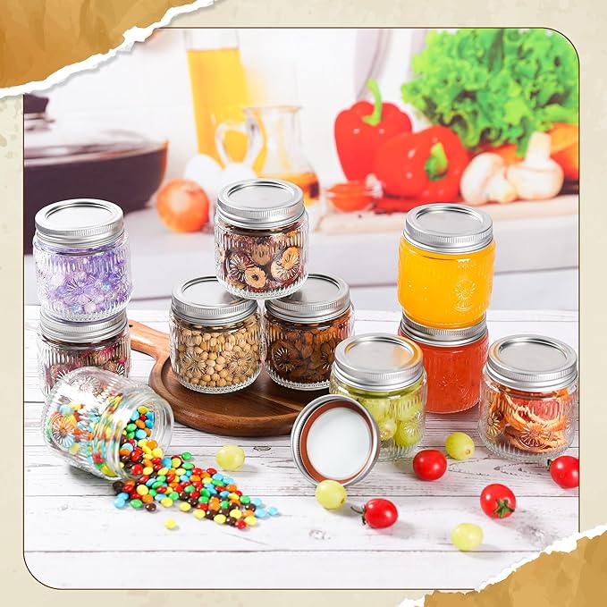 Mason Jars 8 oz - Vintage Small Glass Mason Jars with Silver Metal Lids, Regular Mouth Canning Jars, Safe For Storage, Canning, Pickling, Preserving, Fermenting, DIY Crafts & Decor (12Pack)