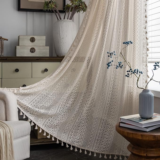 Sutuo Home Boho Curtain Crochet Lace Semi-Sheer Bohemian Hollow Knitted Handmade Tassels, Rod Pocket Window Treatment Vintage Rustic Farmhouse Drapes for Bedroom, 1 Panel 59" W x 96" L, Beige