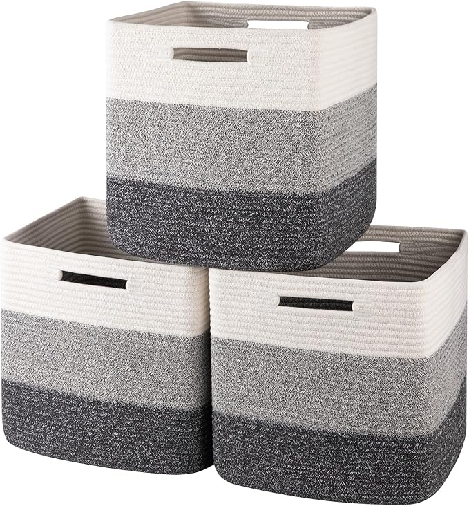 OIAHOMY 13 Kallax Inch Cube Storage Bins, 3-Pack Cotton Rope Woven Baskets for Organizing, Kallax Insert Storage Baskets for Shelves, Baby Nursery, Closet Organizer, 13*13*12.6IN, Gradient Gray