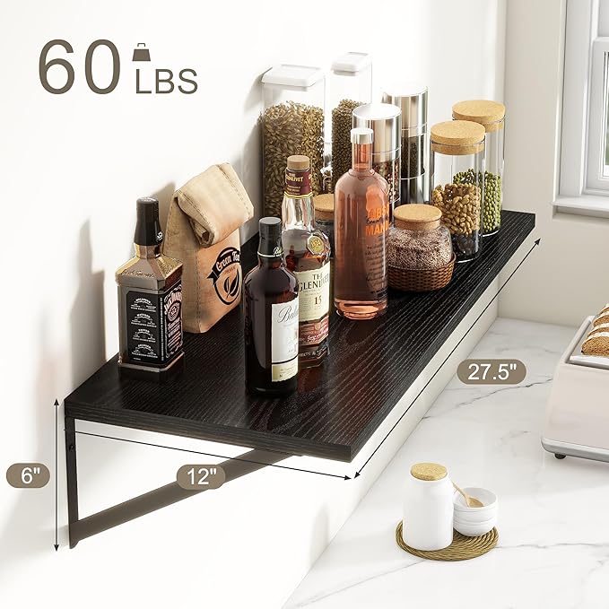 Fun Memories 27.5" W x12 D Floating Shelves, Black Wall Shelf with Brackets, 12 Inch Deep Floating Shelf Set of 2, Large Storage Kitchen Living Room Bathroom Shelves, Wood Wall Mounted Shelf