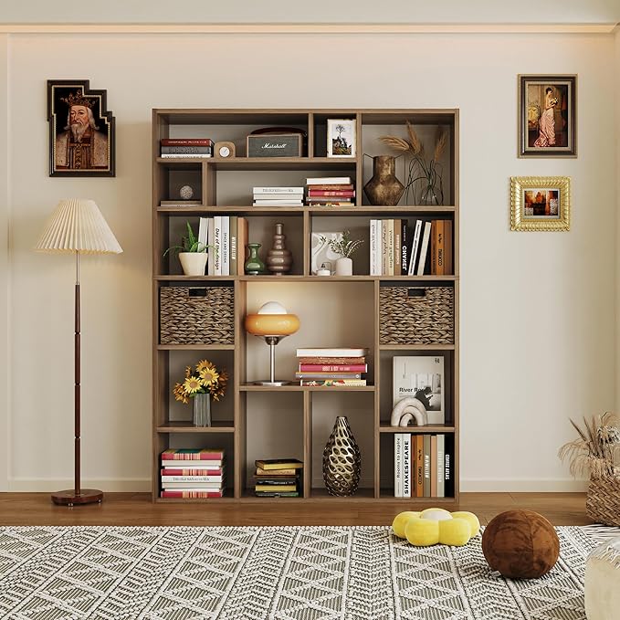 71” Tall Wooden Bookcase 6-Tier Large Bookshelves with 2 Woven Baskets, 55" Wide Floor Standing Wood Display Organizer Shelves for Living Room（Brown）