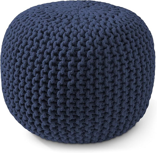 Casafield Round Pouf Ottoman, Navy Blue - 20" Diameter x 14.5" High Cotton Knit Foot Stool - Boho Floor Pouffe for Living Room, Bedroom, Home Office