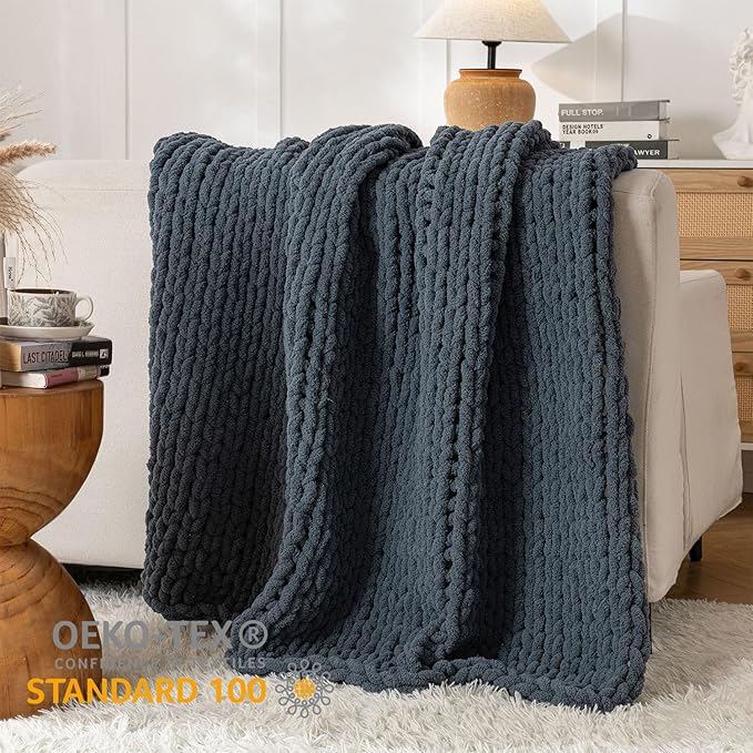 Chunky Knit Blanket Throw, 100% Hand Knit Throw Blanket Handmade Chenille Cable Knit Throw for Couch, Stylish Cozy Soft Rope Knot Crochet Blanket for Home Decor, Blue Mirage, 50x60 Inches