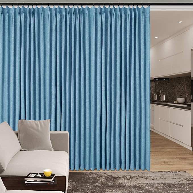 Room Divider Curtains Screen Partitions, Linen Look 100% Blackout Drapery 102 Inches Long, 100" Wide Pinch Pleated Window Drapes, Privacy Protecting, Light Blocking, (1 PC, Blue)