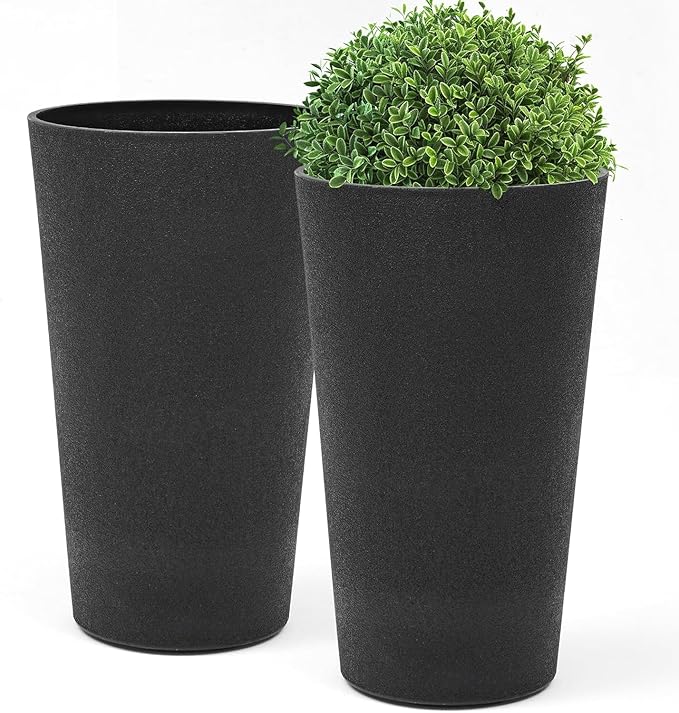 24" Tall Planters for Outdoor Plants, Set of 2 Heavy-Duty Resin Flower Pots, Matte Black Leather Grain Finish, Durable & Weather-Resistant, Ideal for Garden, Patio, Yard, Porch, or Home Use