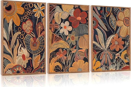 Aurlan Burnt Orange Wildflowers Botanical Wall Art Set(16"x24"), 3 Pieces Abstract Floral Blossom Framed Canvas Artwork, Large Mid Century Modern Boho Nature Wall Decor for Office Bedroom Living Room