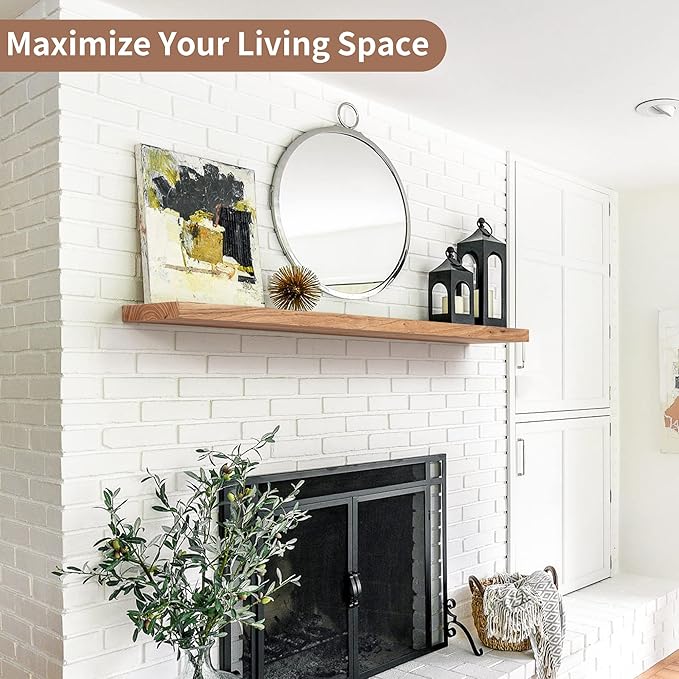 Axeman Rustic Elm Wood Floating Shelves for Wall, 48'' x 8" Deep Wall Shelf with Invisible Bracket, Large Long Wall Mounted Storage Shelves for Living Room, Bedroom, Kitchen, Bathroom Decor, Natural