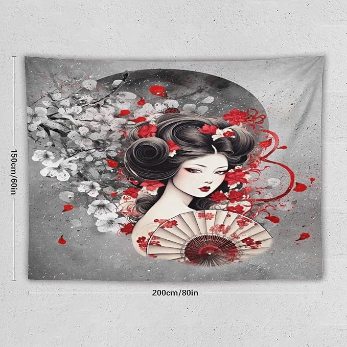 Japanese Geisha Tapestry Asian Red Cherry Blossom Red Sun Traditional Kimono Folk Tapestries Home Decor for Living Room Bedroom Apartment Farmhouse Dorm 80"x60"