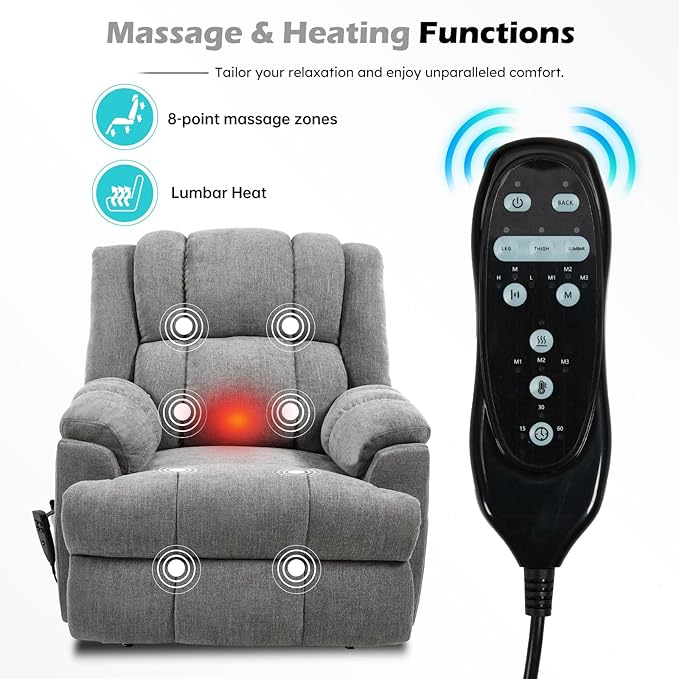 Dual Motor Power Lift Recliner Chair with Massage and Heat for Elderly People, Infinite Position, Light Grey Recliner Chair, Chenille Fabric Lift Chair