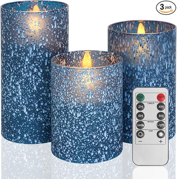 Flameless Candles with Remote - Battery Operated Candles with Timer, Flickering Real Wax LED Pillar Christmas Candles for Wedding, Table, Home Decorations (Blue, Set of 3)