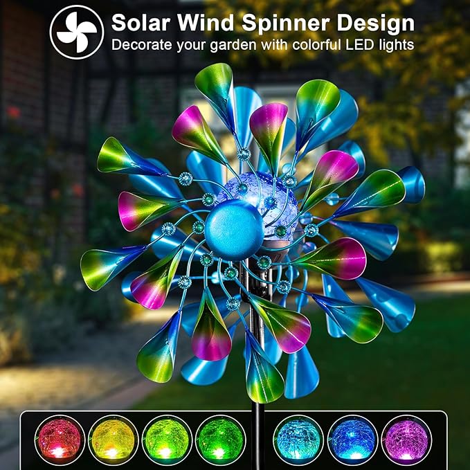 60'' Wind Spinner with Color Glass Ball Solar Lights, Green Peacock Feathers Metal Garden Outdoor Decor Yard Lawn Art Decor for Patio Kinetic Windmills Unique Gifts for Friends and Family