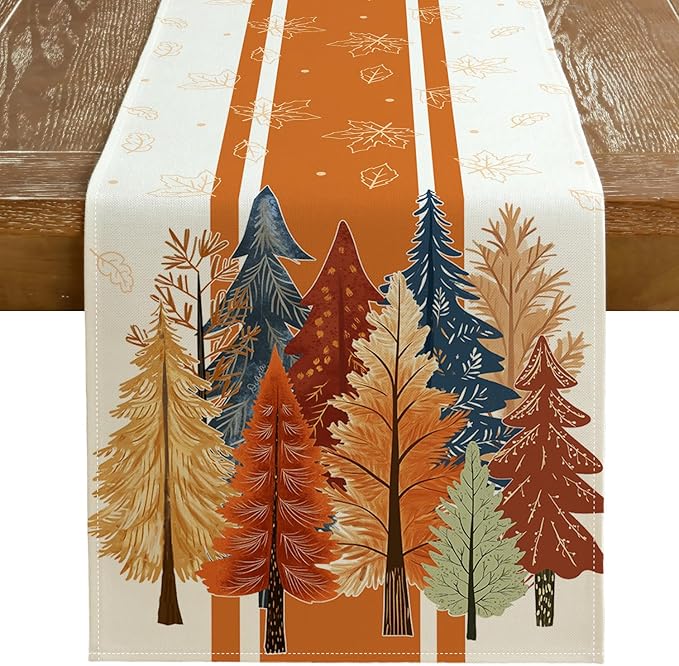 GEEORY Fall Watercolor Trees & Maple Leaves Striped Table Runner 13x48 Inch, Rustic Farmhouse Autumn Thanksgiving Decor for Kitchen, Dining, Indoor/Outdoor Holiday Dinner Party Orange GT157-48