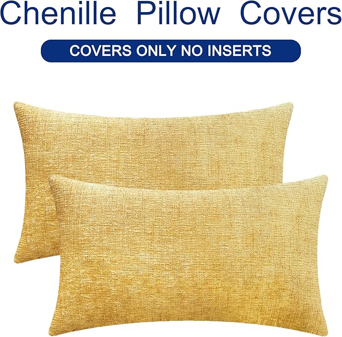 CaliTime Throw Pillow Covers Decorative 16 X 26 Inches Pack of 2 Cozy Chenille Cushion Cases for Couch Sofa Bed Living Room Home Gold