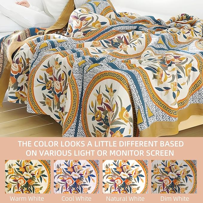 Boho Throw Blanket for Bed - 100% Pure Cotton Ultra Soft Rustic Quilt - Farmhouse Decor Bed Blankets, All Season Rustic Throw for Sofa Couch Chair(91''x 98'', Floral)