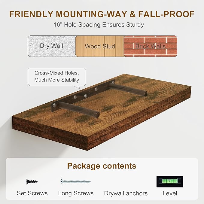 30 Inch Floating Shelves, Rustic Floating Wall Shelves 8 Inch Deep, 30 x 8 Floating Shelves for Home Decor, Deep Storage Shelves for Kitchen, Bathroom, Living Room, Rustic Brown Color, Set of 2