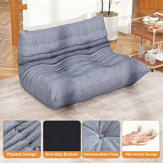 Full Foam Loveseat Sofa,Adults Bean Bag Chairs Floor Couch with Soft Waterproof Fabric,Armless Fireside Lounge Chair for Living Room,Apartment and Office (Grey)