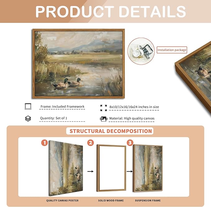 Floating Framed Canvas Wall Art, Vintage Mallard Duck Oil Paintings Print, Countryside Art Wildlife Nature Pond Wall Decor for Living Room, Bedroom, Office, Rustic Decor 12x16 inch