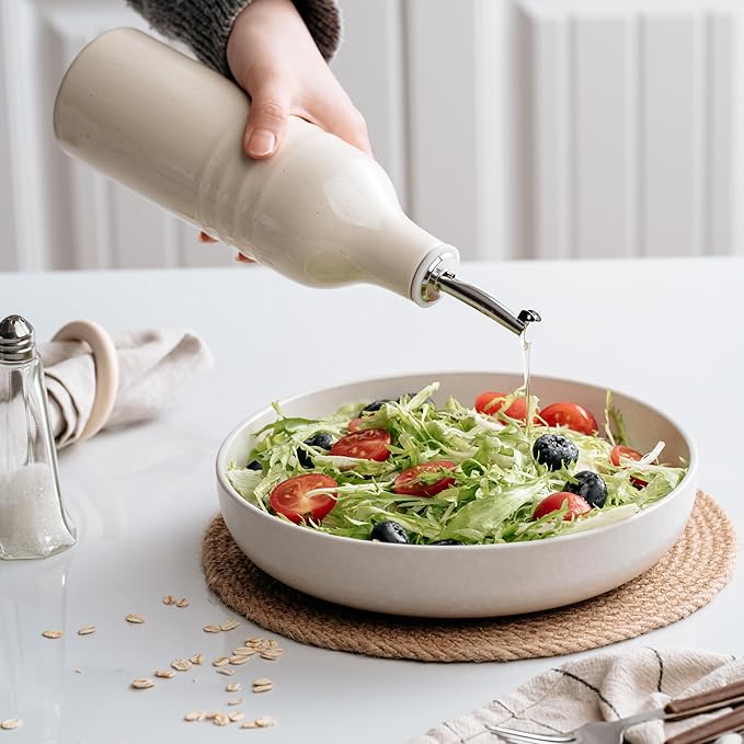 famiware Jupiter 16oz Ceramic Olive Oil Dispenser Bottle, Olive Oil and Vinegar Dispenser Bottle Set of 2 with Stainless Steel Pourers, Suitable for Storage Vinegar, Liquids, Vanilla White