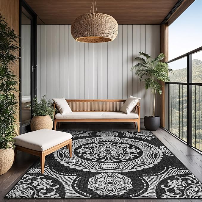 Medallion Outdoor Rug 9x12 Washable Outside Carpet for Indoor Patio Porch Waterproof Easy Cleaning Non Shedding Area Rugs Black 9 x 12