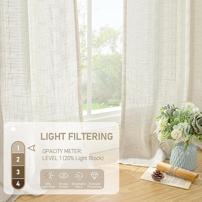 LAMIT Natural Ivory Linen Curtains 72 inches Long for Living Room, Soft Thick Semi Sheer Light Filtering Bronze Grommet Window Treatments Neutral Drapes for Bedroom, 2 Panels Set, 52 x 72 Inch