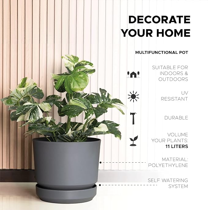 Elly Décor 12 inch Plastic Cylinder Planter Pot with Self-Watering Saucer and Drainage Hole,Lightweight & Extremely Durable, 12"x 12", Gray