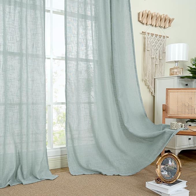 LAMIT Sheer Linen Curtains 63 inches Long for Bedroom, Bronze Grommet Linen Drapes Light Filtering Semi Sheer Curtains for Small Window/Kitchen, 2 Panels, 34 x 63 Inch, Greyish Blue