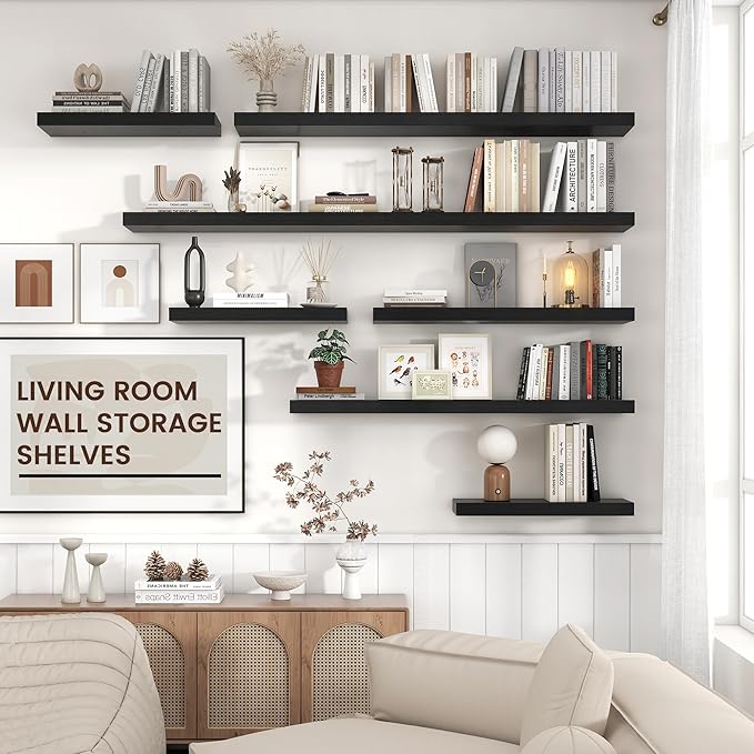 Floating Shelves - 2 Large Wall Mounted Shelves with Invisible Brackets, Long Wood Floating Wall Shelf for Living Room, Bedroom, Kitchen (Black, 48" W x 9" D x 1.5" H)