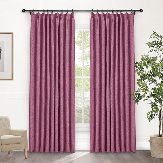 Macochico Pinch Pleated Blackout Curtains 102 Inches Long 100% Blackout Natural Linen Drapes for Bedroom Living Room Windows Farmhouse Burlap Curtains with Tieback 52”Wx102”L Lilac 1 Panel
