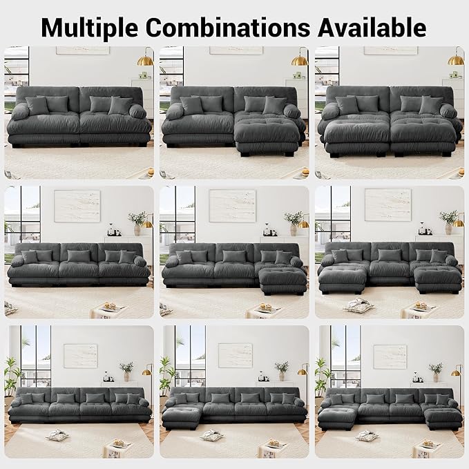 Modular Sectional Sofa U Shaped Sectional Couch, 4 Seater Cloud Couch with Ottoman, Modern Oversized Deep Seat Couches for Living Room, Comfy Chenille Sofa with 6 Throw Pillows, Gray