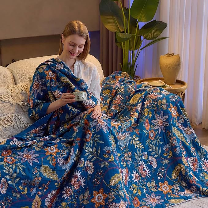 Fall Throw Blanket for Couch, Blue Boho Decorative Throw Blanket, 100% Cotton Muslin Breathable Woven Farmhouse Blankets Quilt, 60"x80" Reversible Lightweight Blankets Bohemian Throw Quilt