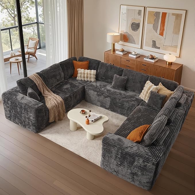 Cloud Sectional Couches for Living Room,U Shaped Modular Sofas No Assembly,135x107 Inches Plush Corduroy Oversized Floor Couch Set with Deep Seat Chaise,Grey