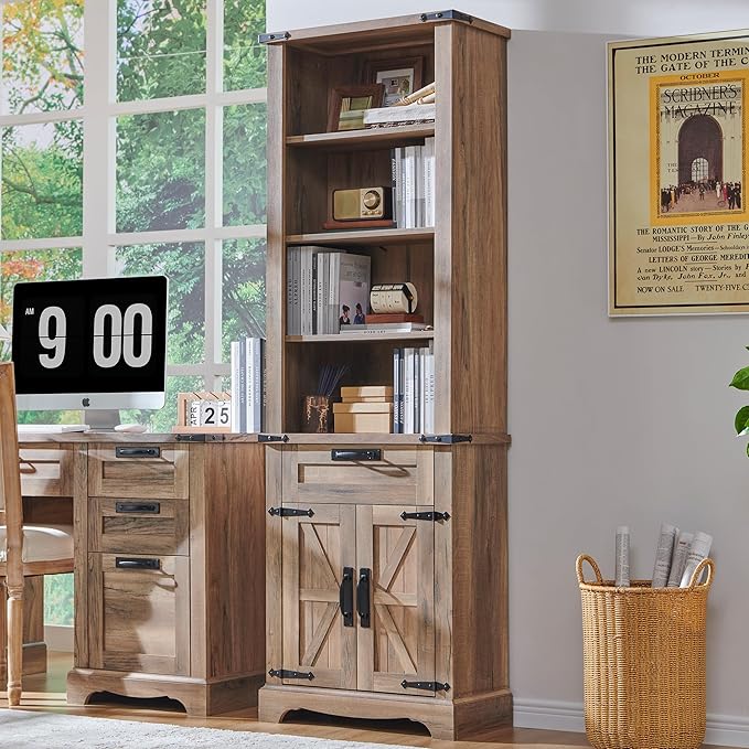 OKD 72'' Tall Bookshelf with Storage, Farmhouse 4 Tier Bookcase with Barn Door, Adjustable Shelves and Drawers, Rustic Wooden Office Bookshelves for Home Bedroom, Living Room, Library (Natural Oak)