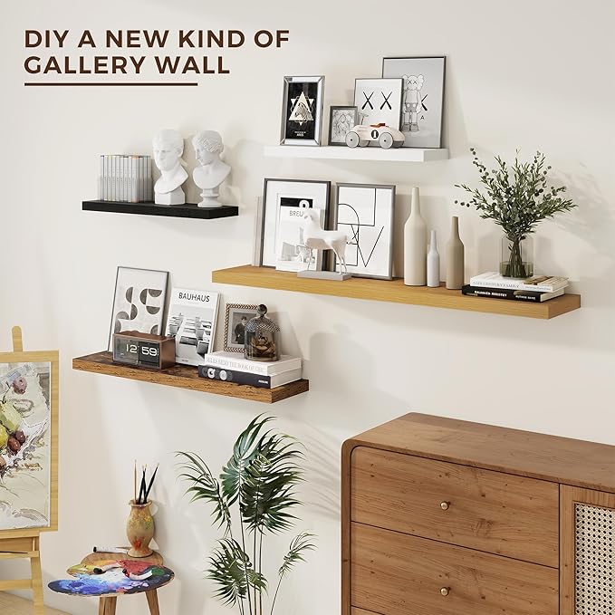 24 inch Floating Shelves Long Floating Shelves for Wall Large Wall Mounted Shelves with Invisible Brackets, Oak Shelves for Bathroom, Living Room, Kitchen, Office, 24x6.7 inch deep Set of 2