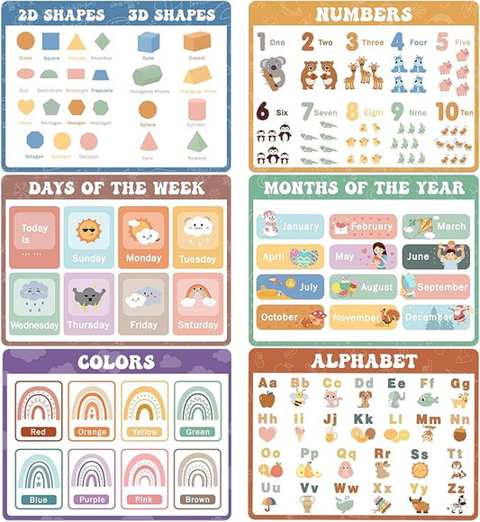 Educational Preschool Placemats for Kids Set of 6 Boho Toddler Plastic Placemat Reusable Washable Children Montessori Eat Table Mat for Homeschool Nursery Kindergarten Classroom Dining Table