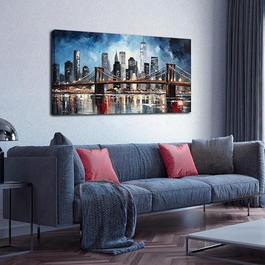 Brooklyn Bridge Wall Decor for Living Room City Canvas Wall Art for Office Blue and Black Bedroom Wall Art 24 x 48 Inch