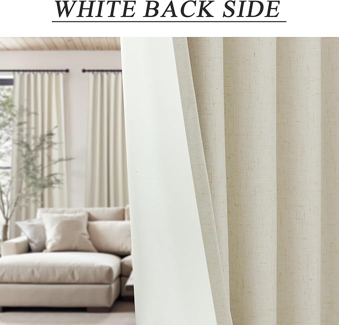 Linen Farmhouse Blackout Curtain for Bedroom Window 90 Inch Long Burlap Colored Cloth Cotton Vintage Decorative Weather Noise Reduction Drape Oatmeal Beige Curtain for Patio Door 7.5 ft Length 2 Panel