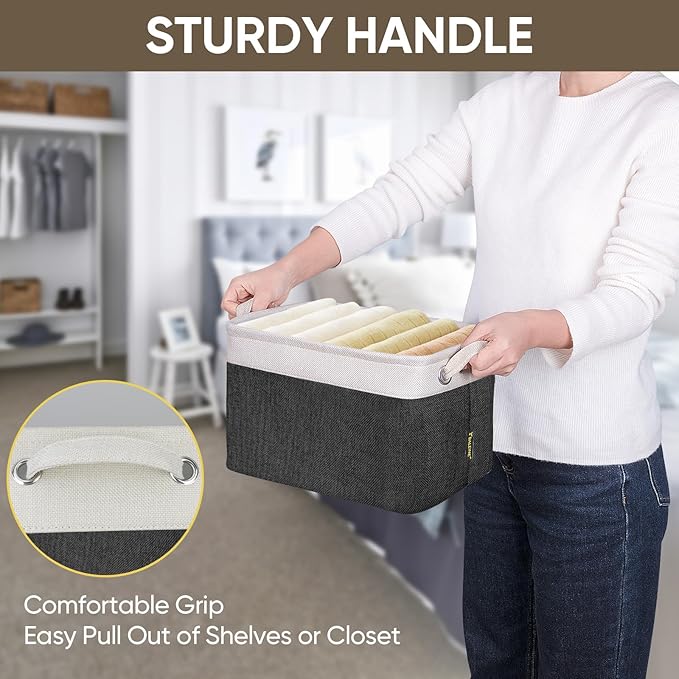 BALEINE 3 Pack Fabric Storage Bins for Shelves, Linen Storage Baskets for Organizing, Decorative Closet Bins for Clothes, Home (Black, 12"x8"x8")