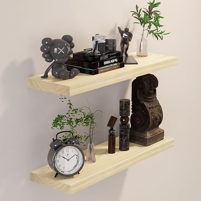 BGMG Wood Floating Shelves 24 inch, Wide Rustic Wooden Wall Shelves for Bathroom Living Room Bedroom Kitchen Farmhouse Set of 2-24x 6.7 x1.25 inch- DIY-Unfinished
