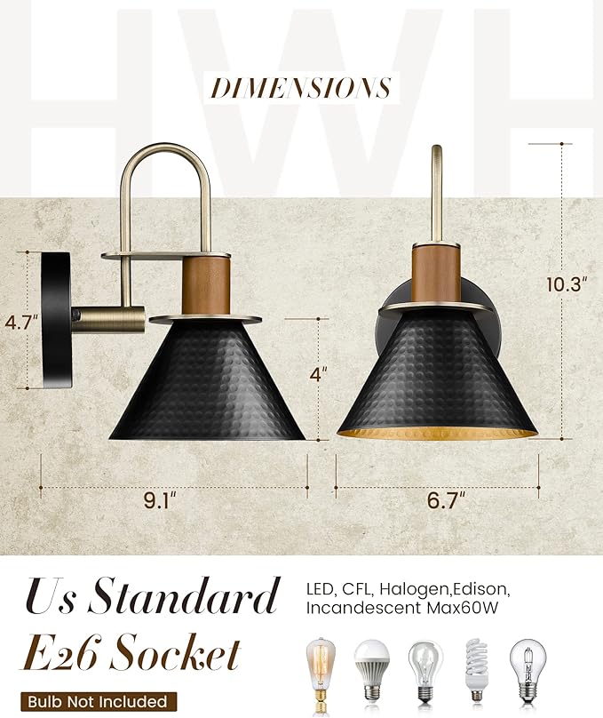 Black Wall Sconce, HWH Industrial Indoor Wall Light Fixture, Single Wall Vanity Light Gooseneck Barn Wall Lamp with Hammered Metal Shade, Black and Gold Finish, 5HZG74B BK+BG