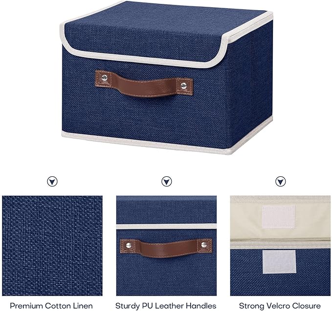 ANMINY 2PCS Storage Bins with Lid PU Leather Handles Storage Boxes PP Plastic Board Decorative Foldable Lidded Cotton Linen Fabric Home Cubes Baskets Closet Organizer Containers - Blue, Small Size