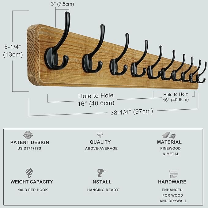 Dseap Coat Rack Wall: 38-1/4" Long, Patented, Heavy-Duty, 10-Double-Hooks Wooden Wall Mounted Coat Rack Coat Hanger Hook Rail for Winter Coats Hat Jacket Clothing, Weathered Brown, Pack of 2