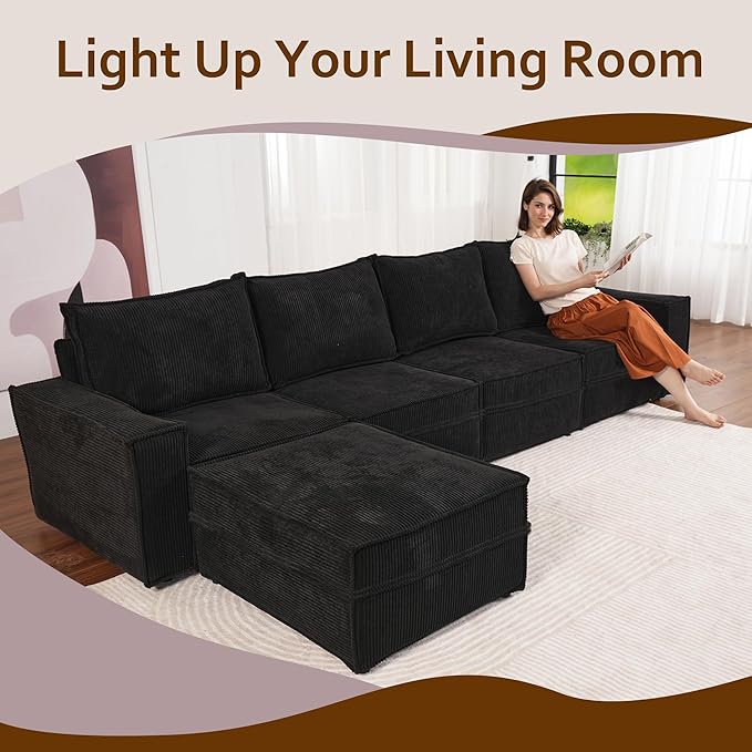 HOOOWOOO Modular Sectional Couch Sofa,128X61 U L Shaped Oversized Couch Sets Free Combination,6 Pieces Extra Deep Sofa with Ottomans for Living Room(Black Corduroy)
