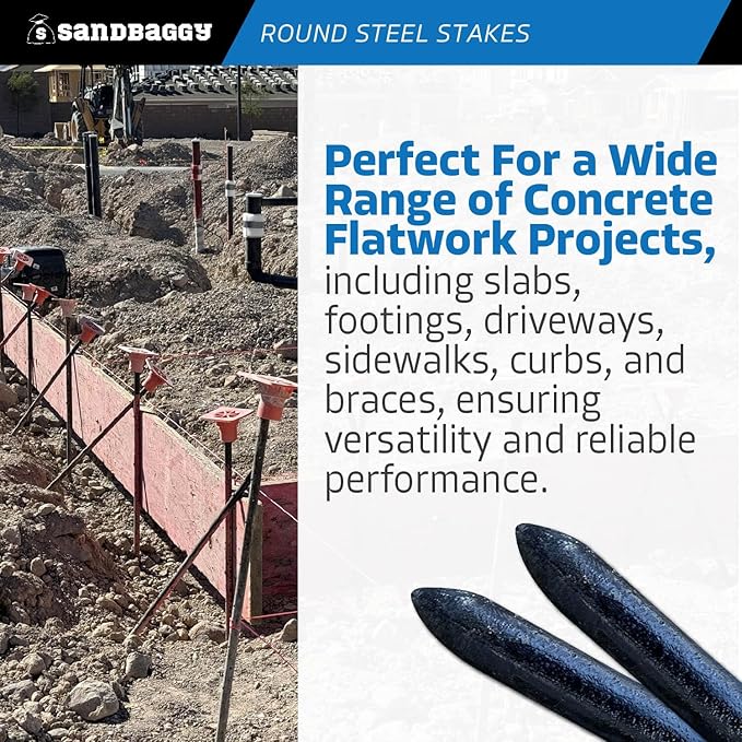 Sandbaggy Round Steel Concrete Form Stakes with Nail Holes - Rust Resistant Coating - Removable, Reusable (200, 3/4 in X 36 in)